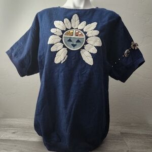 Vintage Lida Souers Blue Top L Native American Embellished Feather Aztec‎ 80's